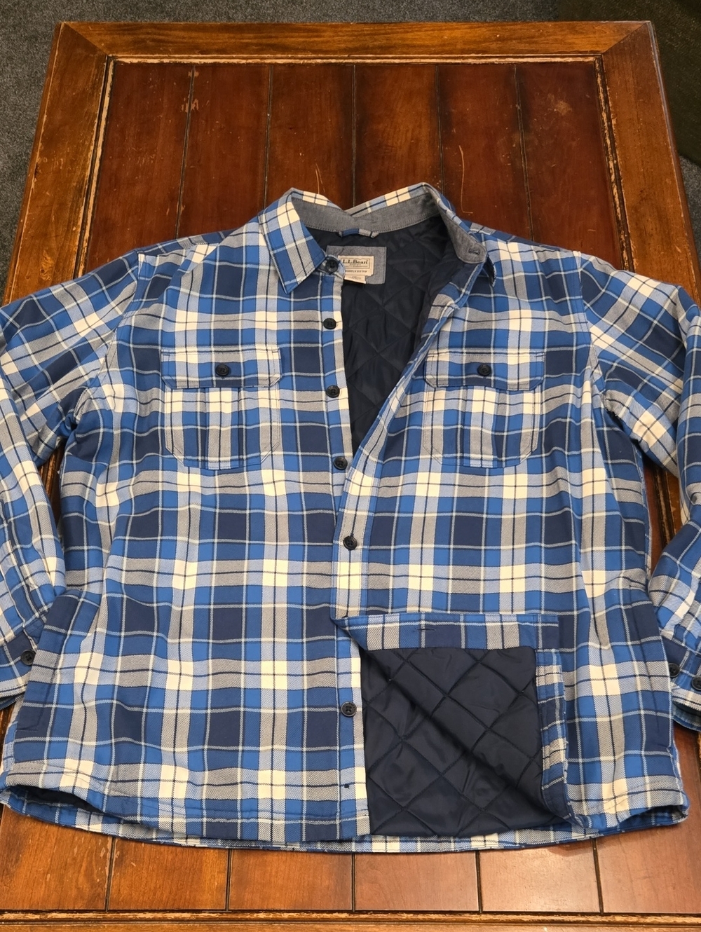 L.L. Bean Blue and White Plaid Quilted-Lined Button-Down Shacket